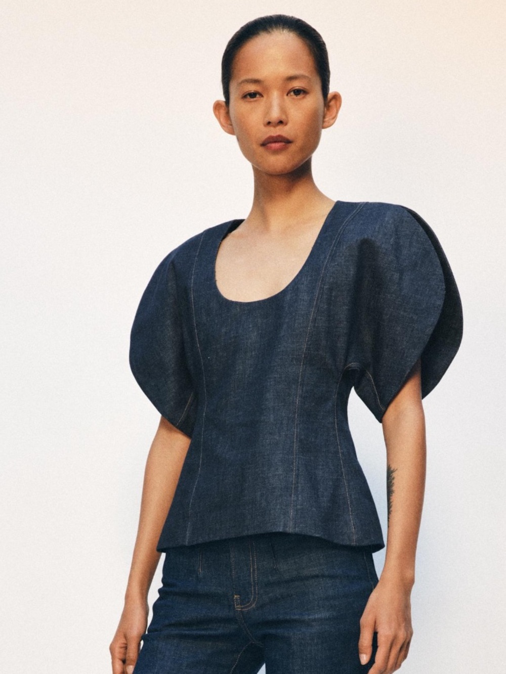 Zara Dark Indigo Puff-Sleeve Denim Top